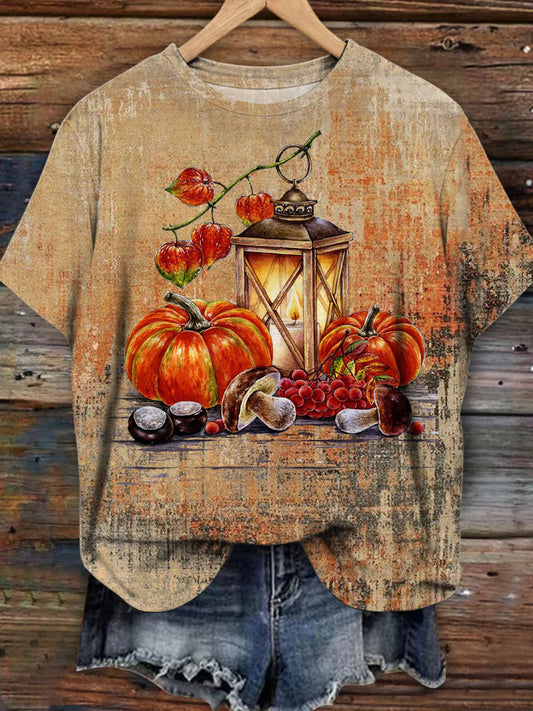 Halloween Autumn Pumpkin Lantern Print Casual T-Shirt