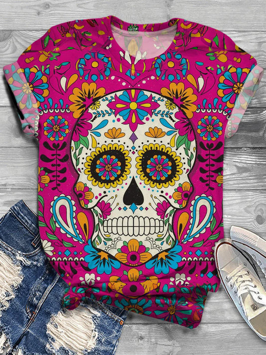 Women's Sugar Skull Print Casual T-Shirt