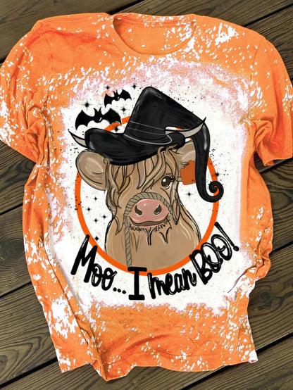 Halloween Ox Art Print Round Neck Casual T-Shirt