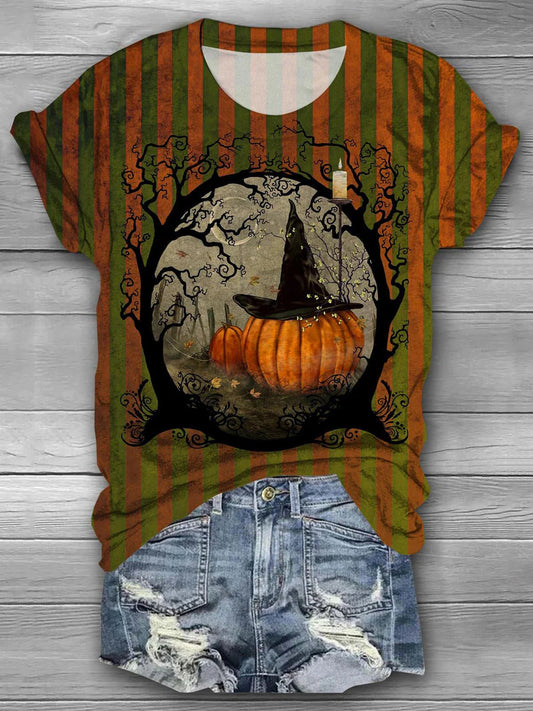 Halloween Stripe Pumpkin Print Casual T-Shirt