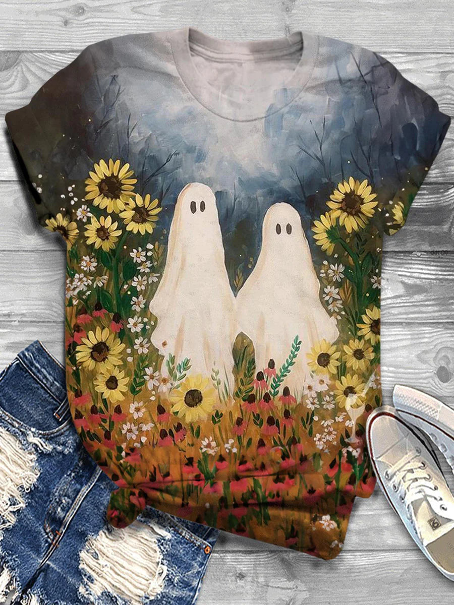 Halloween Ghost Sunflower Oil Painting Print Casual T-Shirt