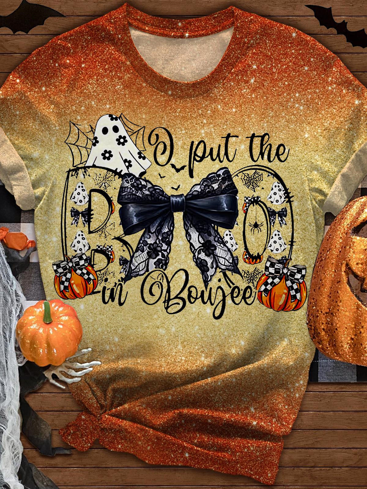 Halloween Bow Pumpkin Print Tie-dye Casual T-Shirt