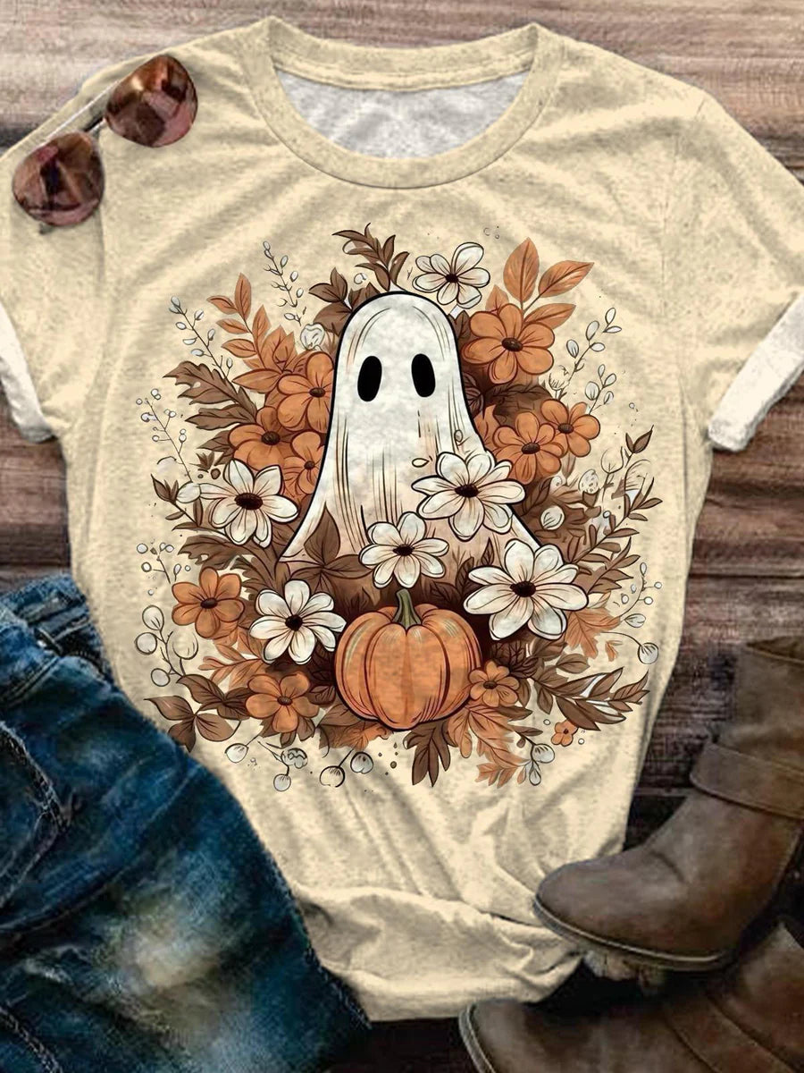 Halloween Ghost Autumn Flower Print Casual T-Shirt