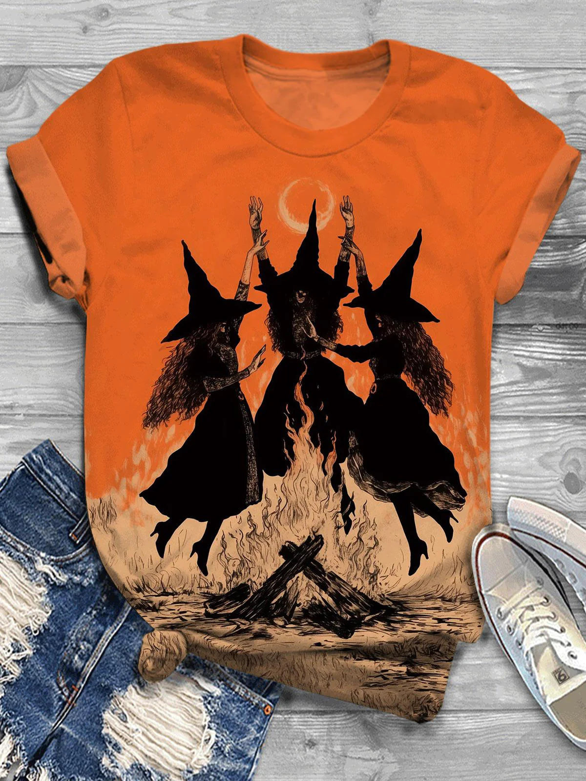 Orange Witch Graphic Print Casual T-Shirt