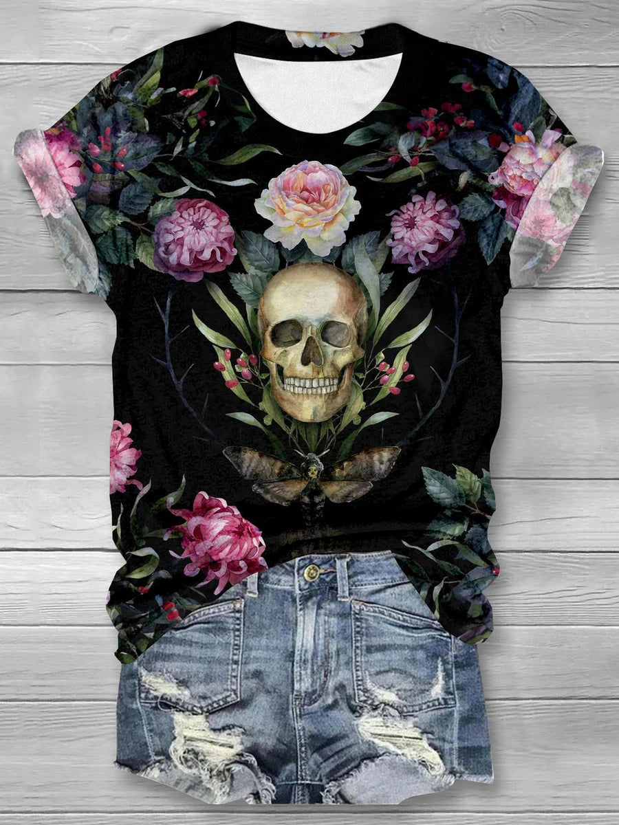 Dark Skull Flower Print Casual T-Shirt