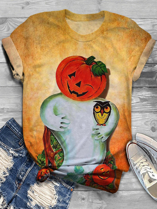 Halloween Vintage Pumpkin Owl Print Casual T-Shirt