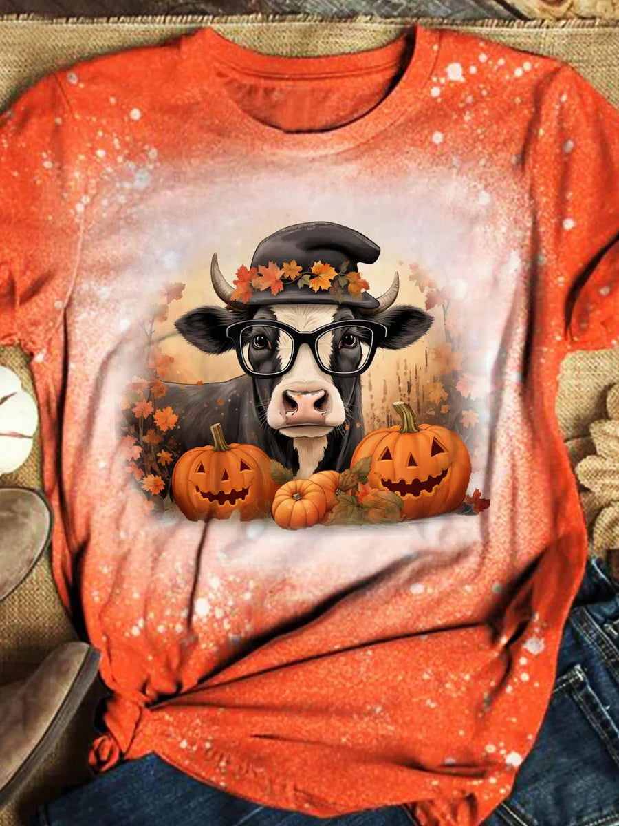 Halloween Ox Art Print Round Neck Casual T-Shirt