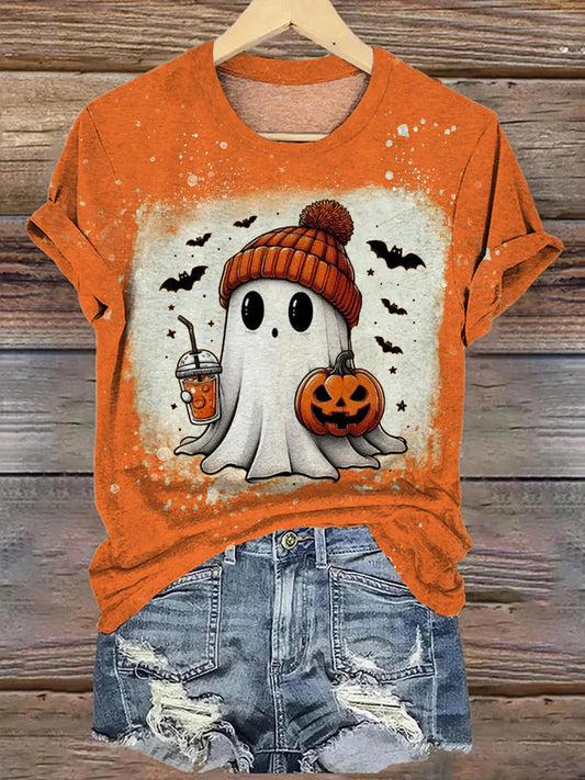 Women's Halloween Wool Hat Ghost Print Tie-dye Casual T-Shirt