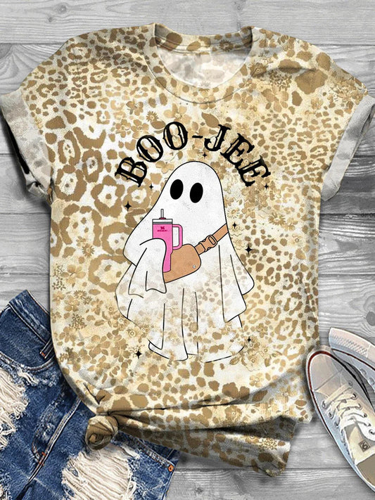 BOO-JEE Ghost Leopard Print Casual T-Shirt