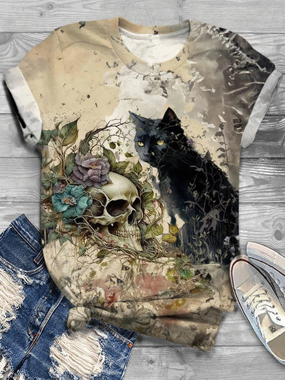 Halloween Cat Art Print Round Neck Casual T-Shirt