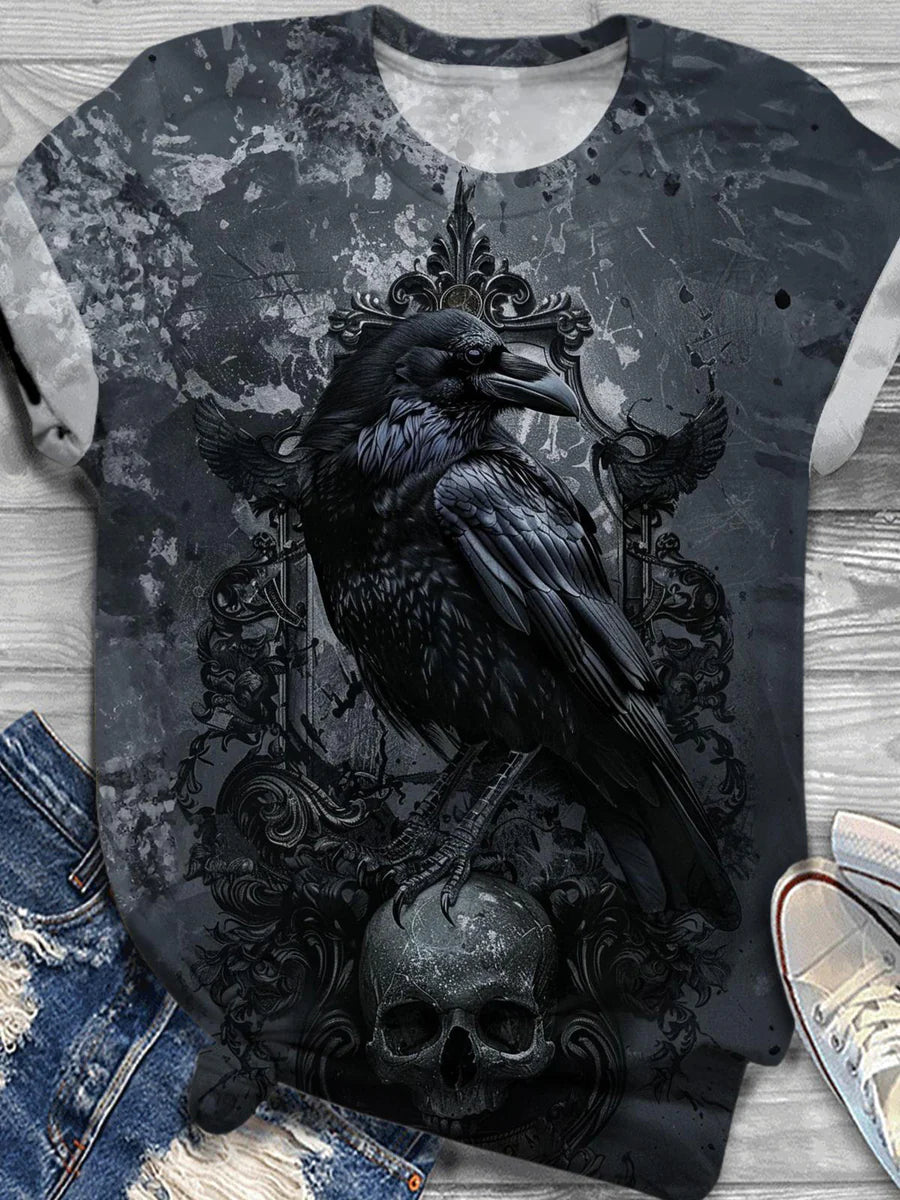 Crow Art Print Round Neck Casual T-Shirt