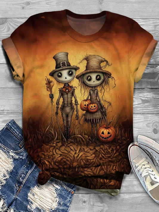 Halloween Skull Pumpkin Print Casual T-Shirt