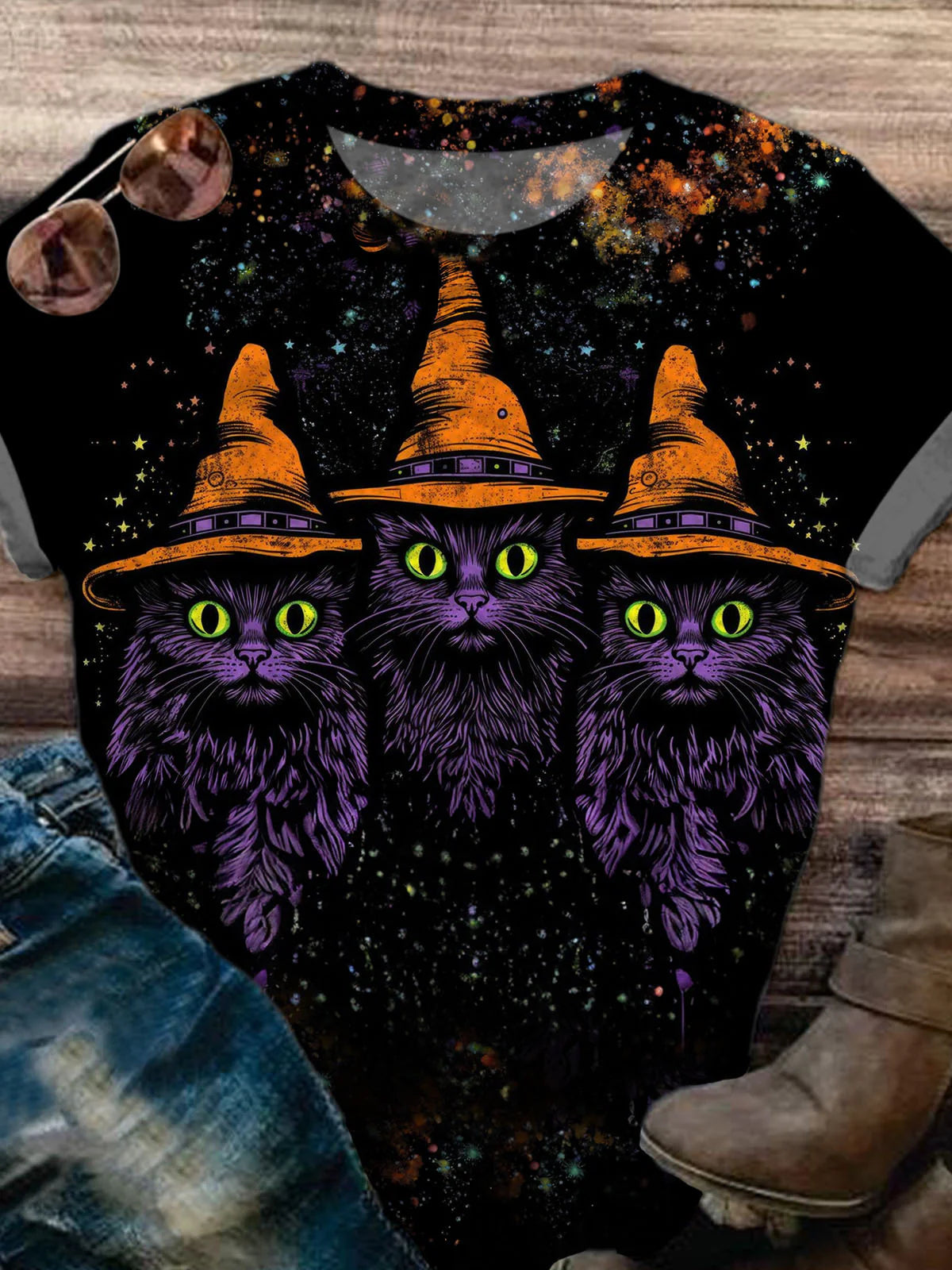 Halloween Cat Art Print Round Neck Casual T-Shirt