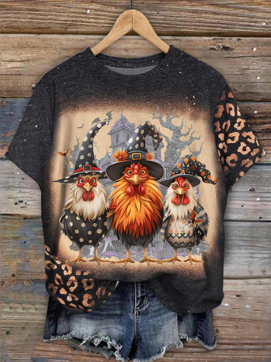 Chicken Art Print Round Neck Casual T-Shirt