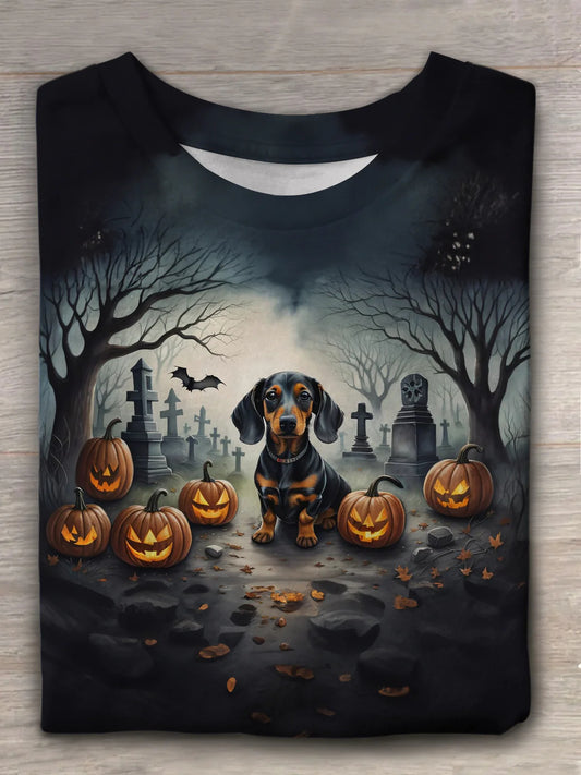 Unisex Halloween Dog Pumpkin Art Print Round Neck Casual T-Shirt