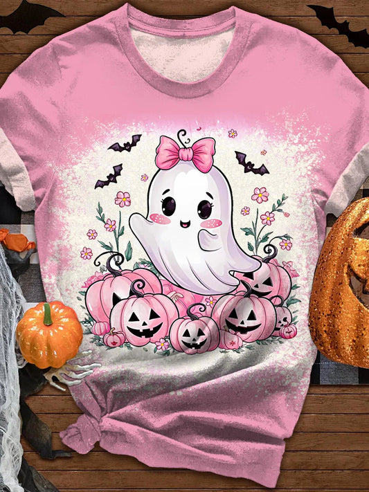 Women's Cute Pink Ghost Pumpkin Print Tie-dye Casual T-Shirt