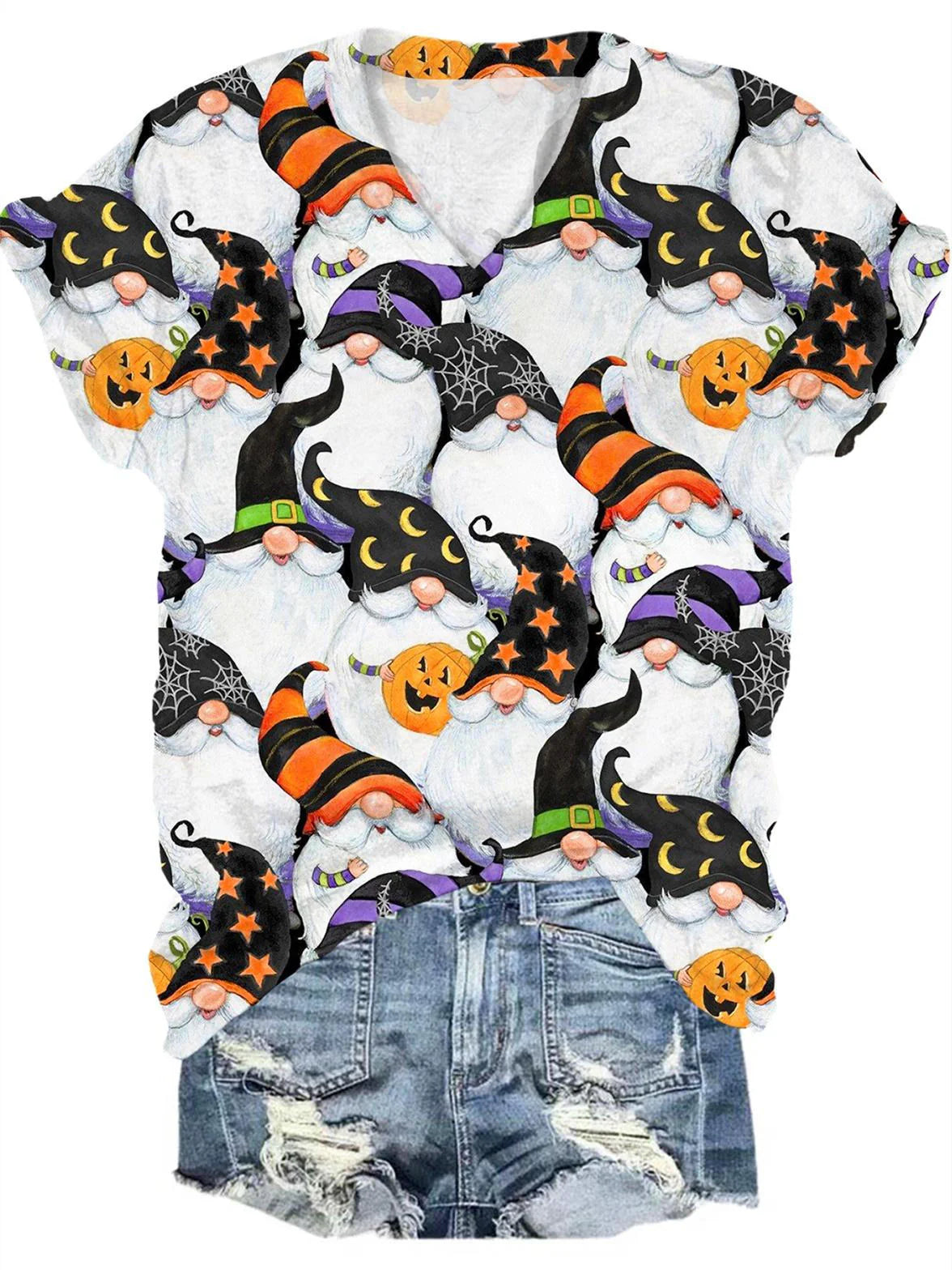 Women's Halloween Dwarf Pumpkin Print Casual T-Shirt