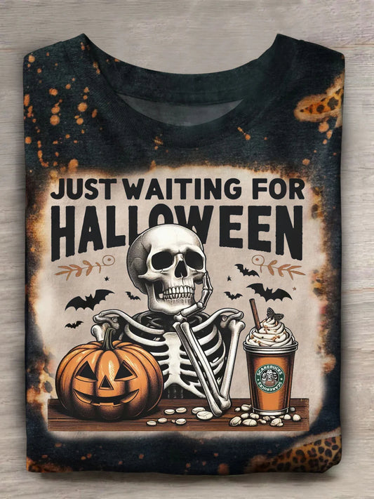 Waiting for Halloween Skull Pumpkin Print Casual T-Shirt