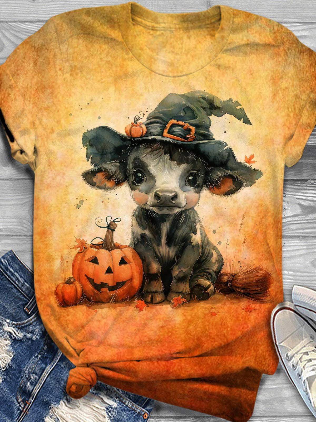 Halloween Ox Art Print Round Neck Casual T-Shirt