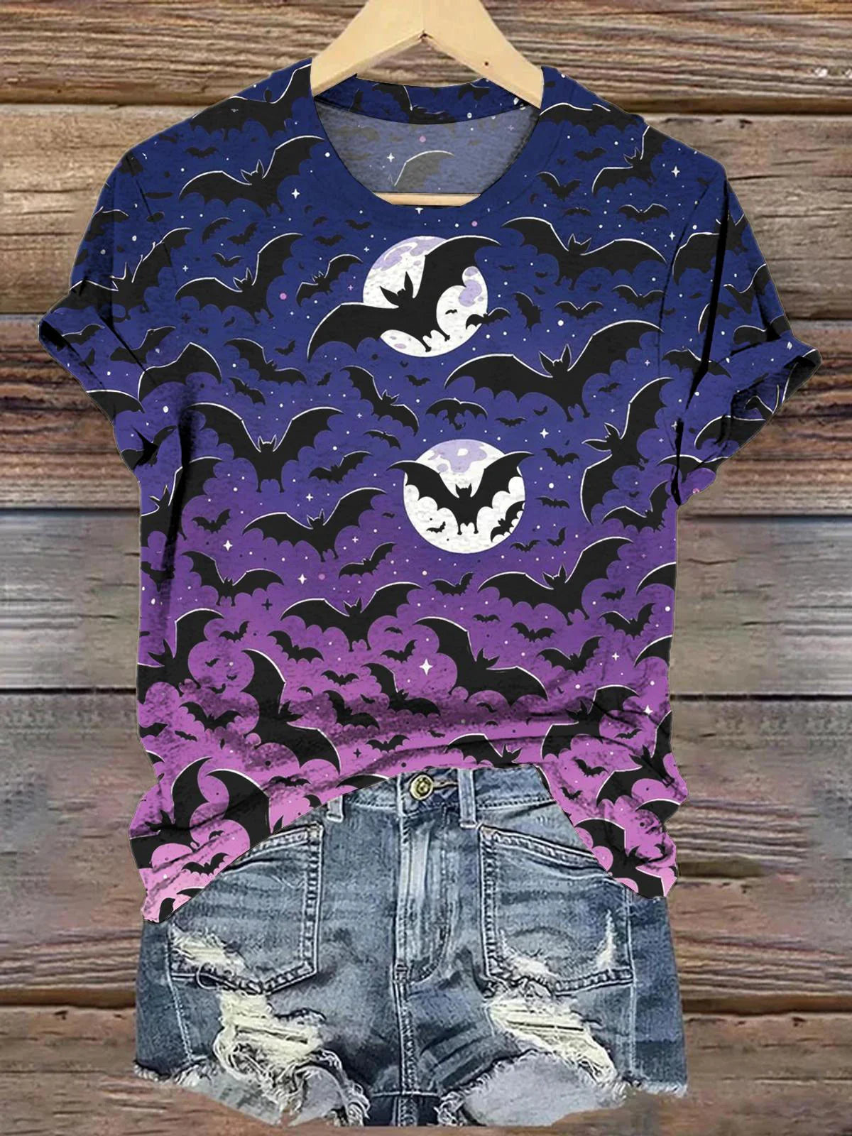 Bat Print Gradient Casual T-Shirt