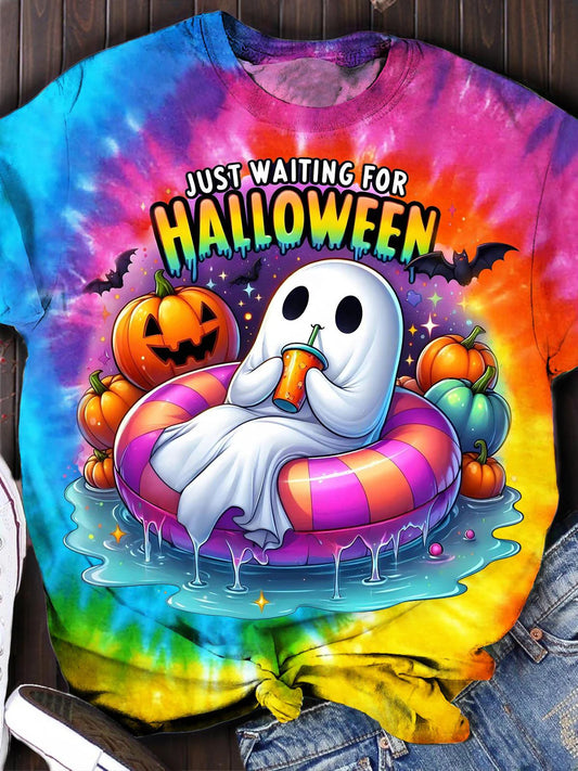 Halloween Color Ghost Pumpkin Print Tie-dye Casual T-Shirt