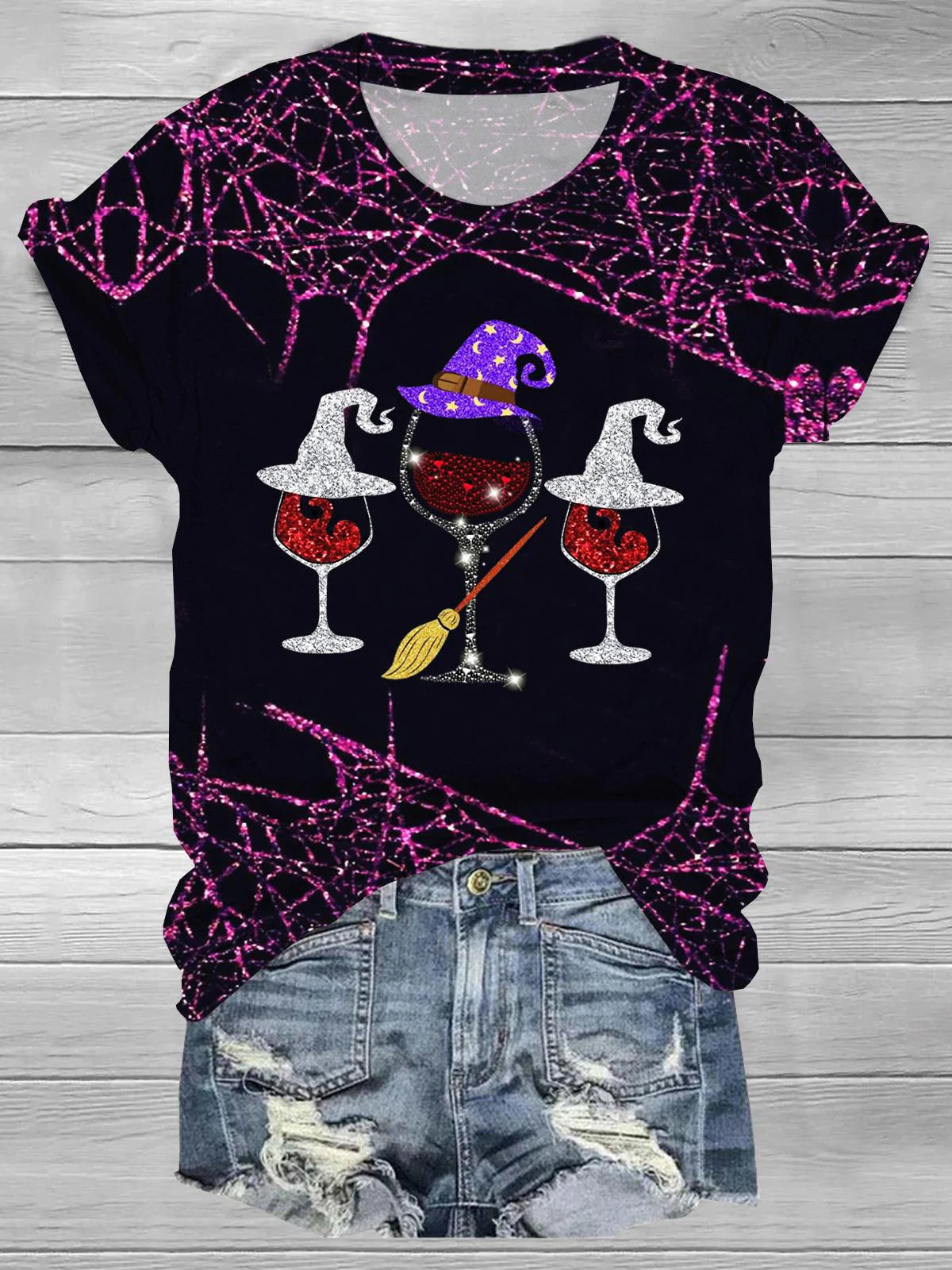 Women's Witch Wine Glass Print Casual T-Shirt