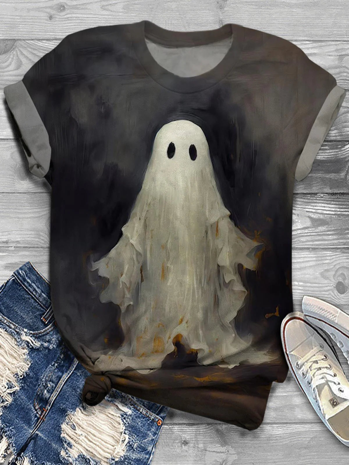 Unisex Vintage Ghost Oil Painting Print Casual T-Shirt