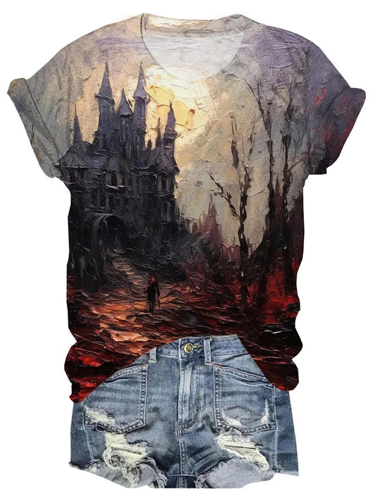 Women's Horror Castle Print Casual T-Shirt