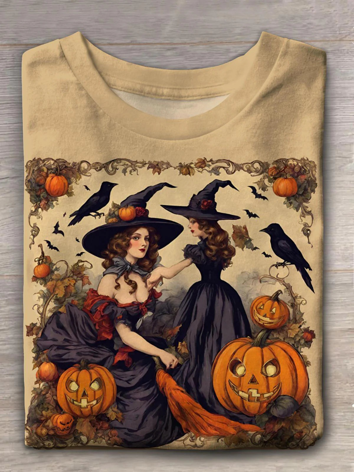 Halloween Vintage Witch Pumpkin Oil Painting Print Casual T-Shirt