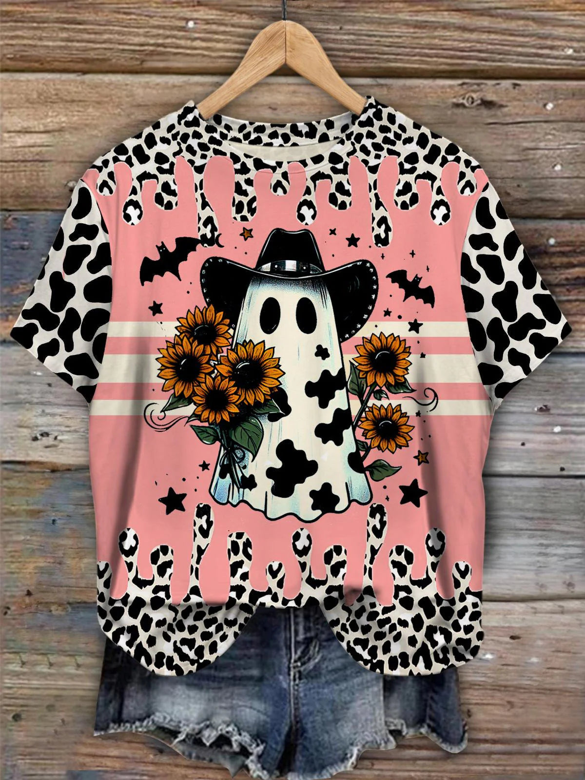 Leopard Ghost Sunflower Print Casual T-Shirt