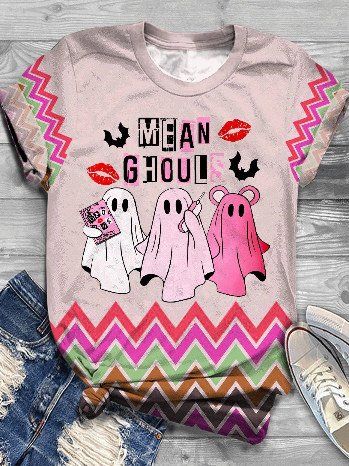 Women's Halloween Mean Ghouls Print Casual T-Shirt