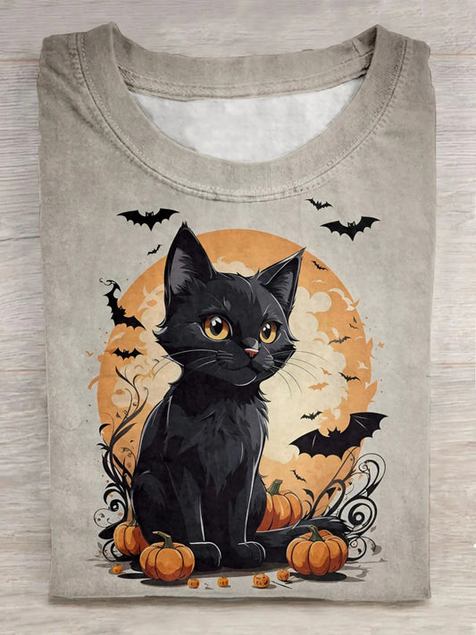 Halloween Simplicity Cat Art Print Round Neck Casual T-Shirt