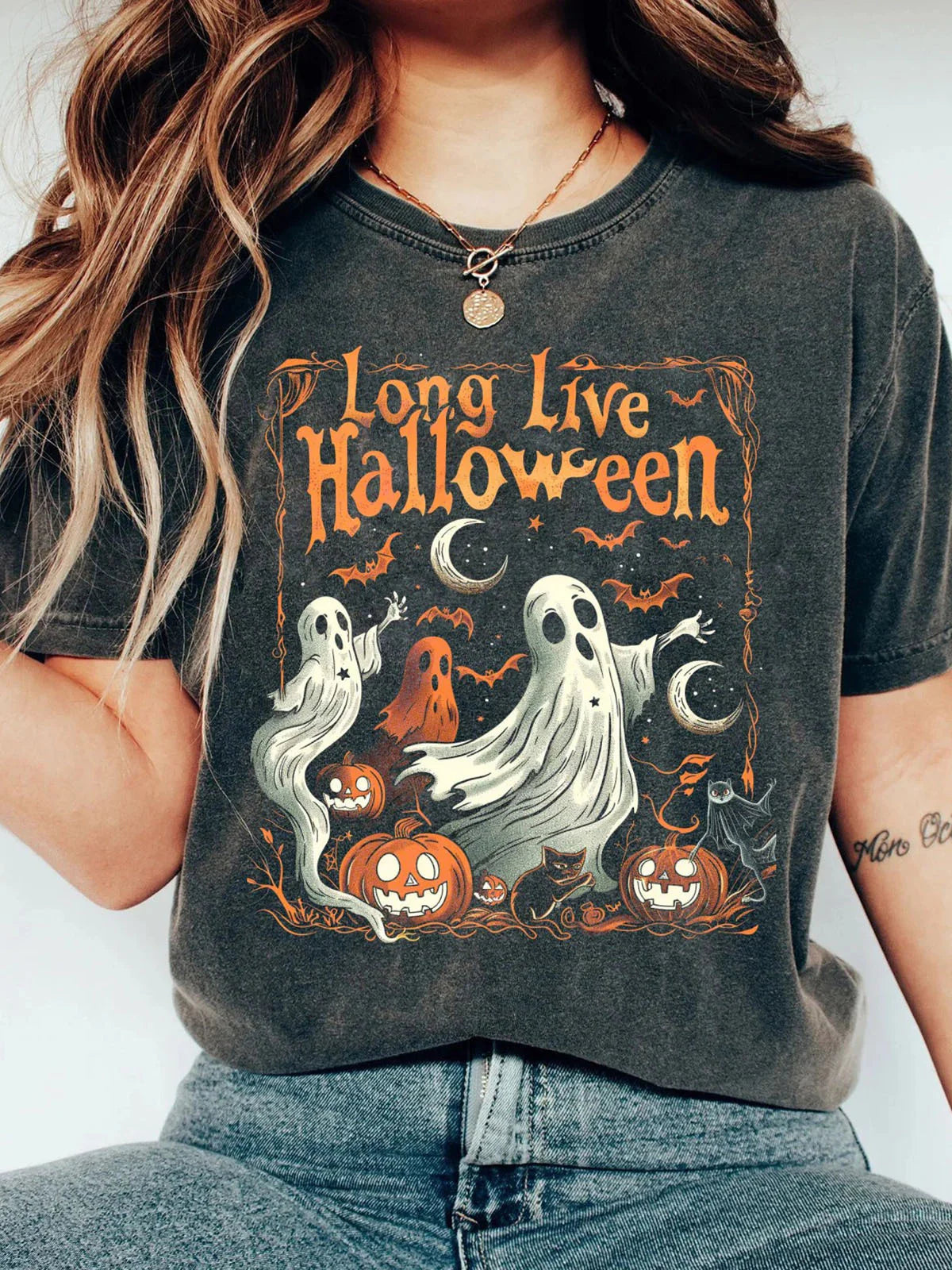 Women's Vintage Ghost Print Round Neck Casual T-Shirt