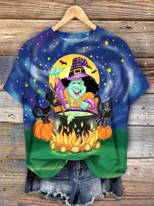 Halloween Cartoon Witch Graphic Print Casual T-Shirt