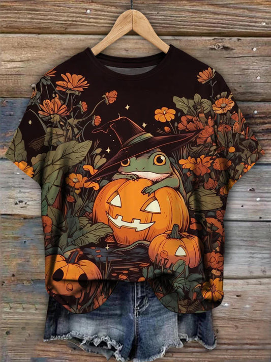 Halloween Vintage Pumpkin Frog Print Casual T-Shirt