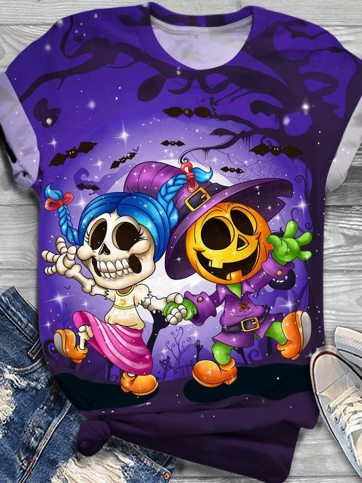 Women's Halloween Skull Pumpkin Print Casual T-Shirt