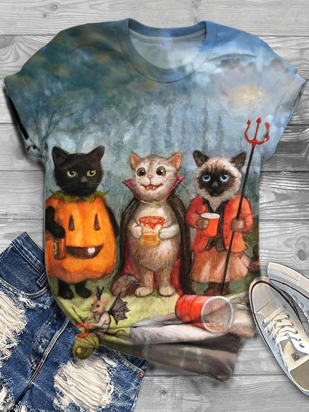 Halloween Cat Art Print Round Neck Casual T-Shirt