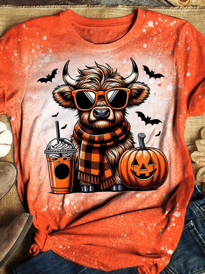 Halloween Ox Art Print Round Neck Casual T-Shirt