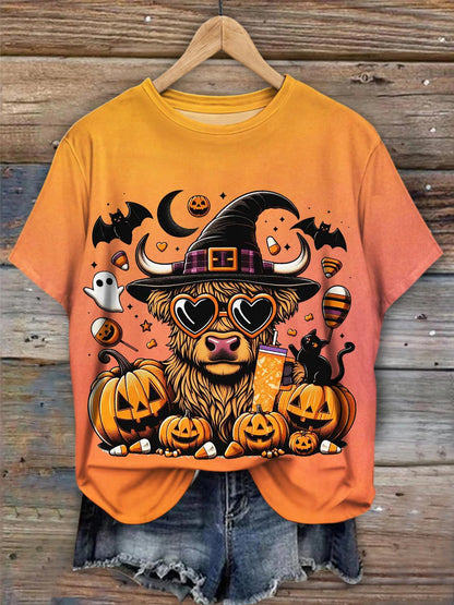 Halloween Ox Art Print Round Neck Casual T-Shirt