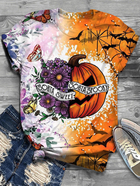 Halloween Pumpkin Flowers Print Patchwork Casual T-Shirt