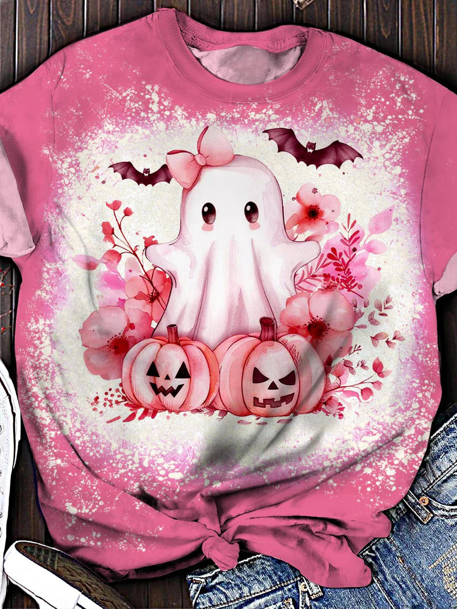 Women's Cute Pink Ghost Pumpkin Print Tie-dye Casual T-Shirt