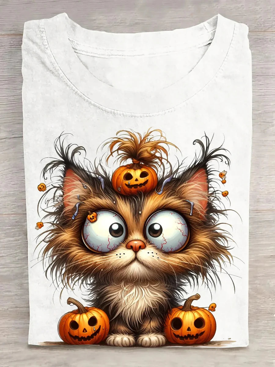 Halloween Simplicity Cat Art Print Round Neck Casual T-Shirt