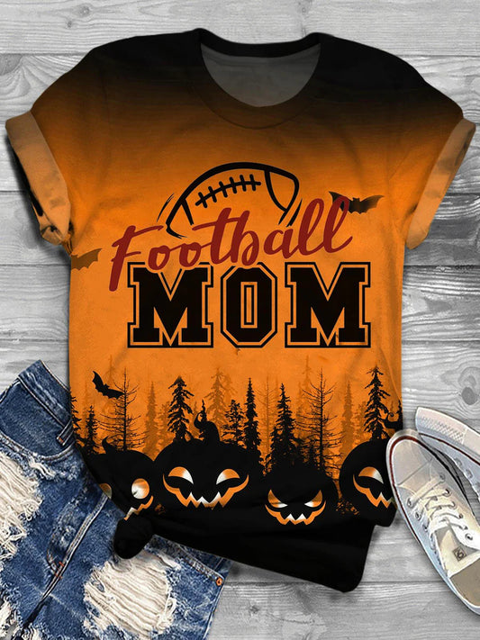 Halloween  Football Mom Pumpkin Print Casual T-Shirt