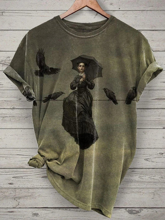 Vintage Witch Crow Print Casual T-Shirt