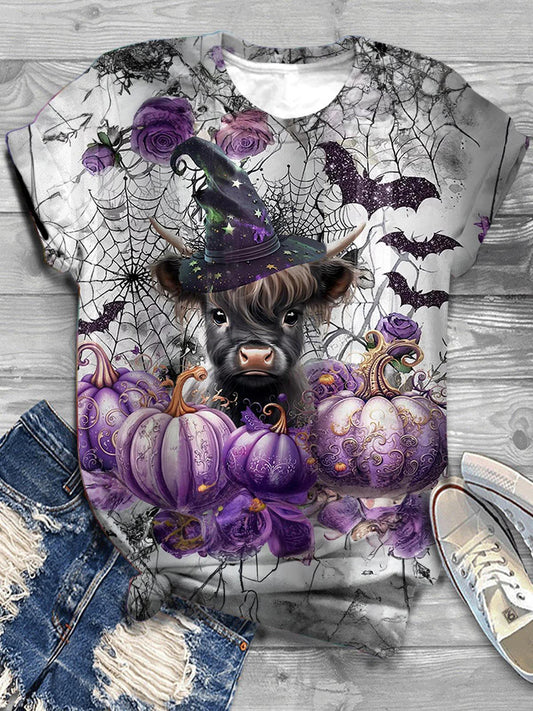 Halloween Purple Pumpkin Cow Print Casual T-Shirt