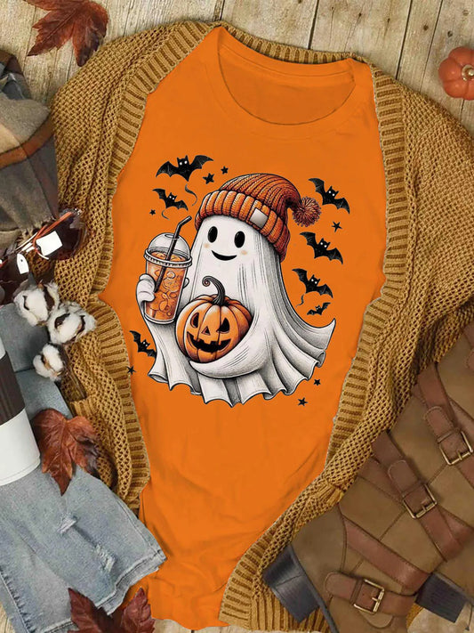 Women's Halloween Wool Hat Ghost Print Casual T-Shirt