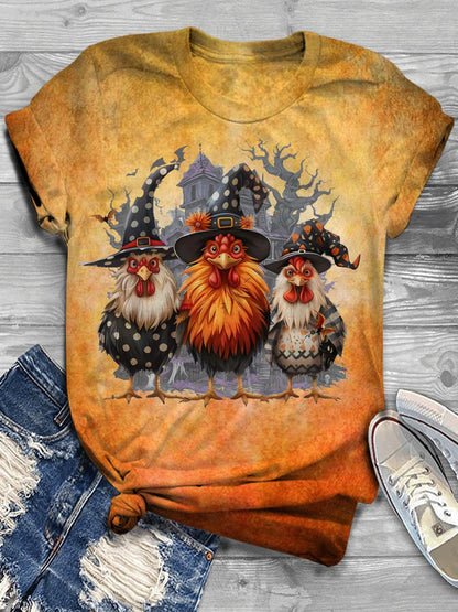 Chicken Art Print Round Neck Casual T-Shirt