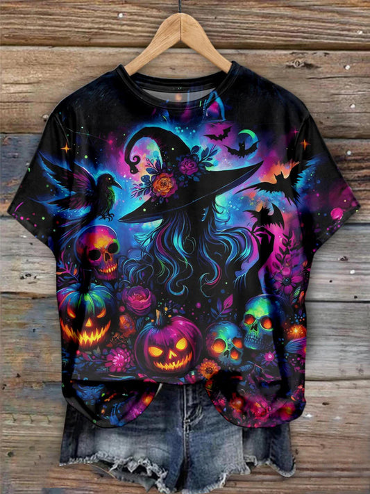 Halloween Fantasy Witch Pumpkin Skull Print Casual T-Shirt