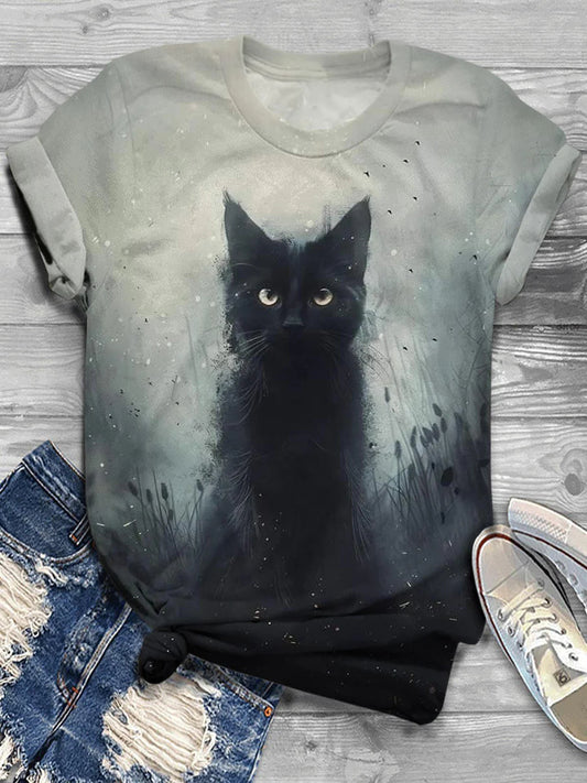 Simplicity Cat Art Print Round Neck Casual T-Shirt