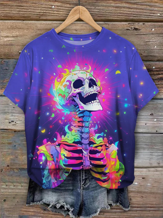 Women's Colorful Skull Art Print Casual T-Shirt